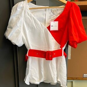 Chic White and Red Women's Top with Belt